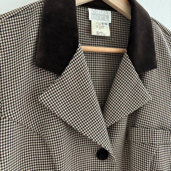 Vintage 70s style Brown Velvet and Houndstooth Blazer - Picture 2 of 4